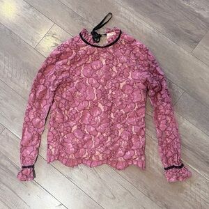 Wayf Pink Floral Lace Long Sleeve Blouse with Black Trim